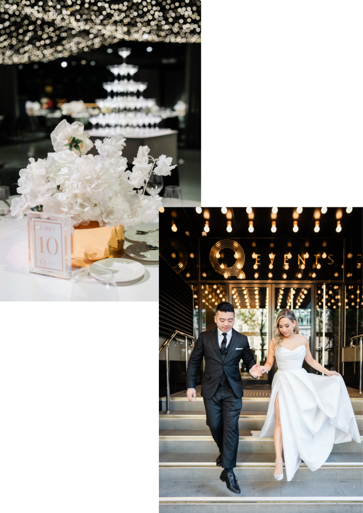 A couple walking down the stairs of their last minute wedding venue