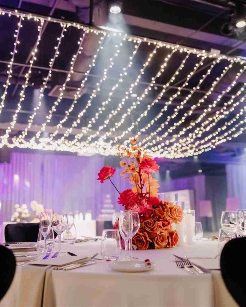 flowers on a table at q events wedding venue melbourne cbd